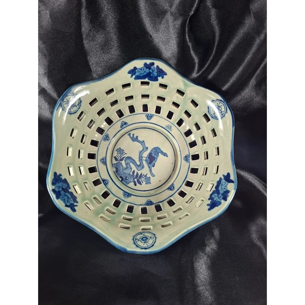 Vintage Chinese Blue and White Reticulated Porcelain Fruit Bowl Scalloped Rim